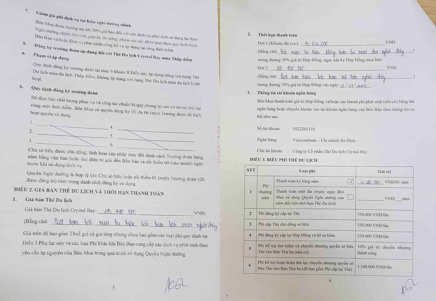 Qua rà soát, phần giá trị thanh toán của nhiều Hợp đồng Thẻ du lịch Crystal Bay được để ở phần phụ lục, viết bằng bút bi. Ảnh: Trần Tuấn