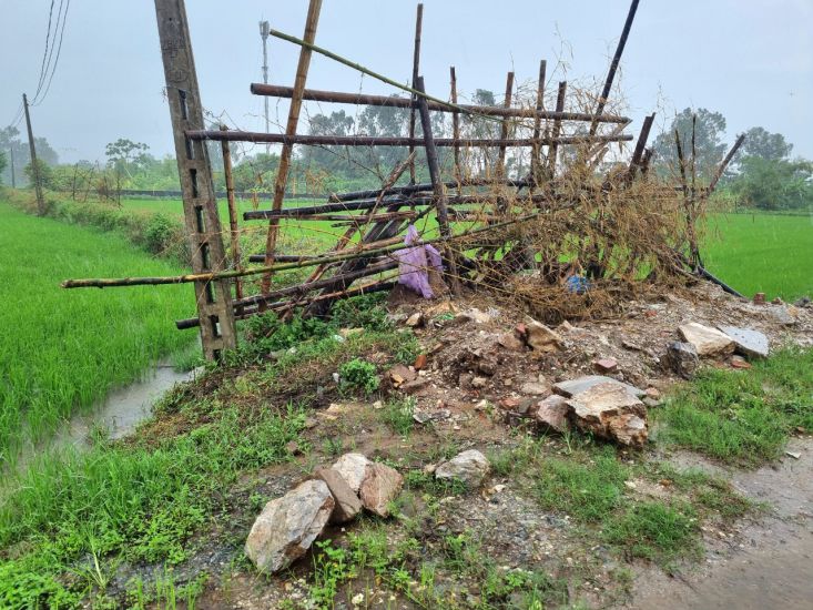 Người dân dựng hàng rào để phản đối trang trại chăn nuôi lợn của hộ gia đình ông Điền. Ảnh: Nguyễn Trường