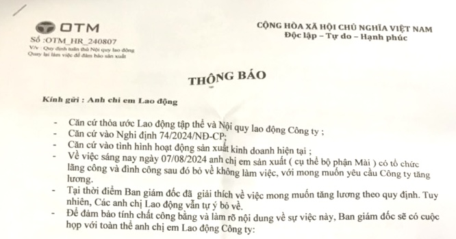 Thông báo của Công ty TNHH PT Motor Vina liên quan vụ 136 công nhân ngừng việc. Ảnh: HAC