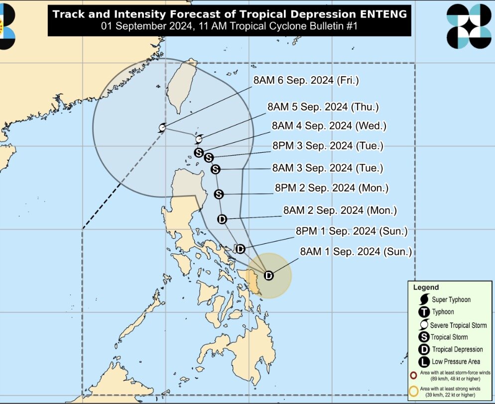 Forecasted path of tropical depression Enteng. This depression is likely to become a strong storm on September 5. Photo: PAGASA