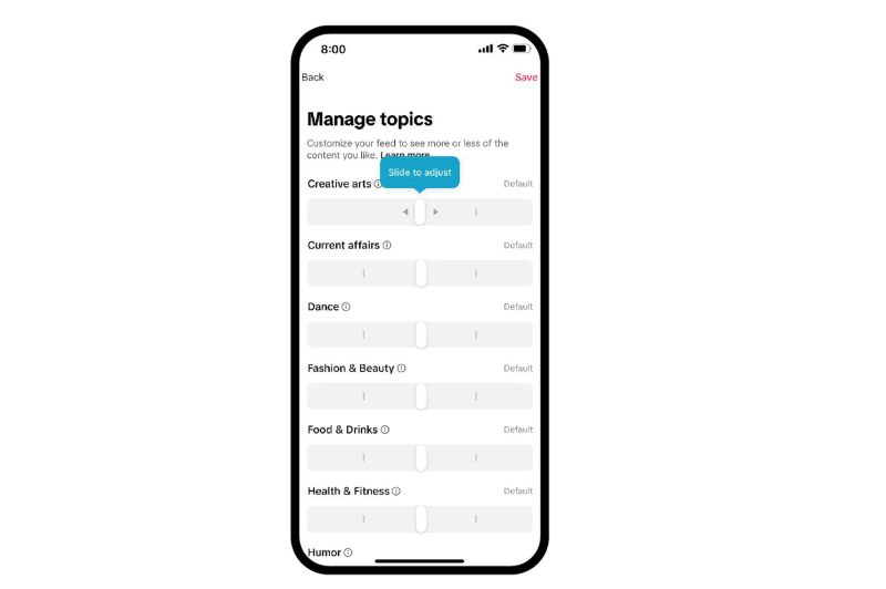 Users can adjust sliders to signal they want more or less of specific topics. Photo: TikTok