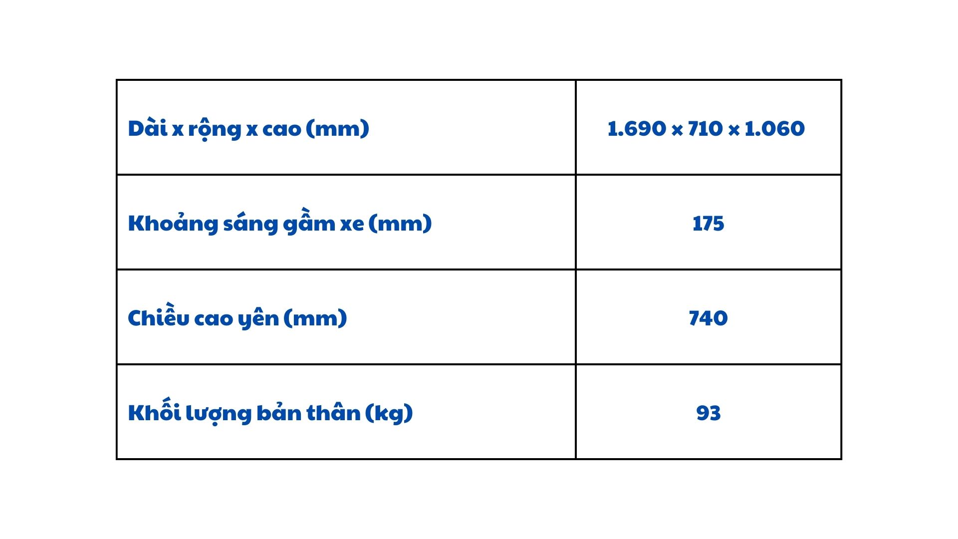 Một vài thông số về kích thước xe máy điện Yadea Vigor. 