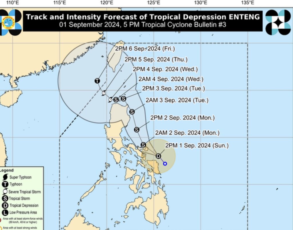 Dự báo đường đi của áp thấp nhiệt đới gần Biển Đông Enteng. Ảnh: PAGASA