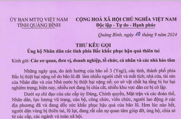 Thư kêu gọi ủng hộ người dân miền Bắc của Ủy ban MTTQVN tỉnh Quảng Bình. Ảnh: Công Sáng