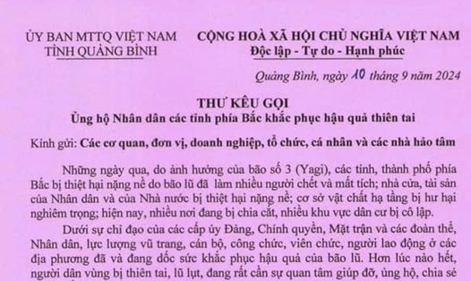 Thư kêu gọi ủng hộ người dân miền Bắc của Ủy ban MTTQVN tỉnh Quảng Bình. Ảnh: Công Sáng