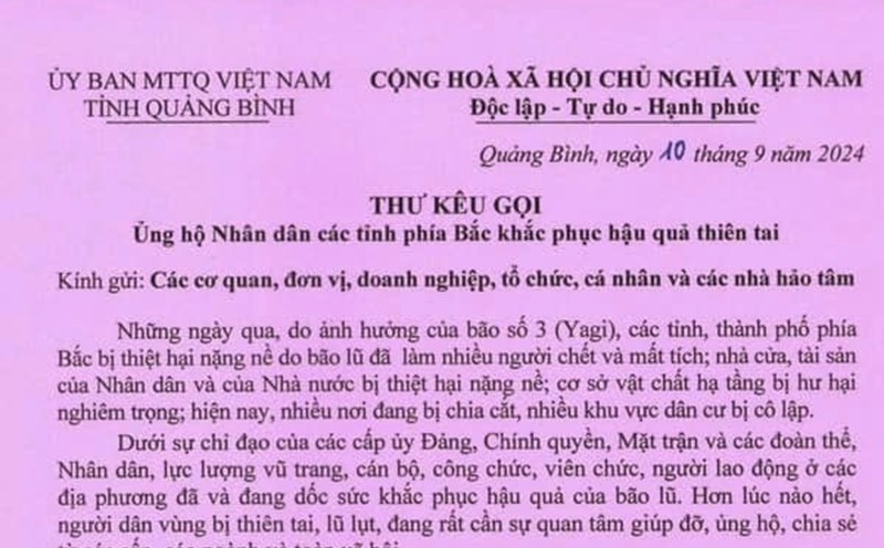 Thư kêu gọi ủng hộ người dân miền Bắc của Ủy ban MTTQVN tỉnh Quảng Bình. Ảnh: Công Sáng