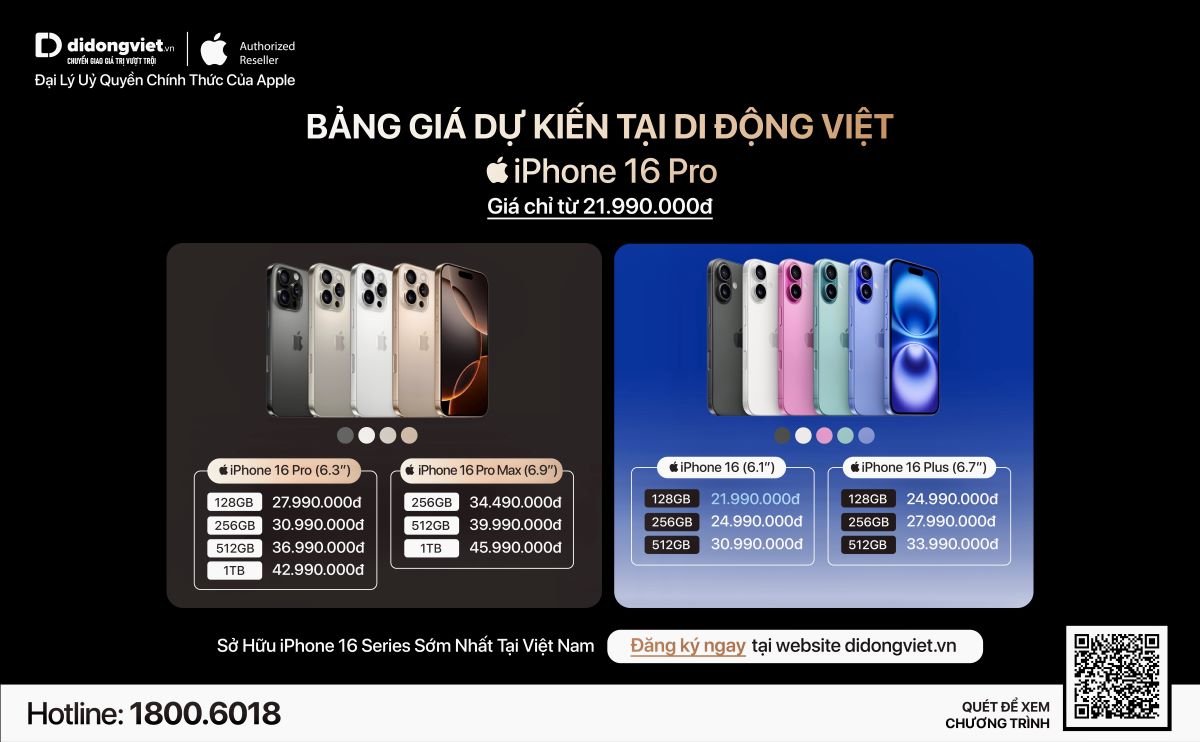 Giá bán iPhone 16 series tại Di Động Việt. Họ vẫn kiên định với thông điệp “rẻ hơn các loại rẻ”. Ảnh: Loan Trần