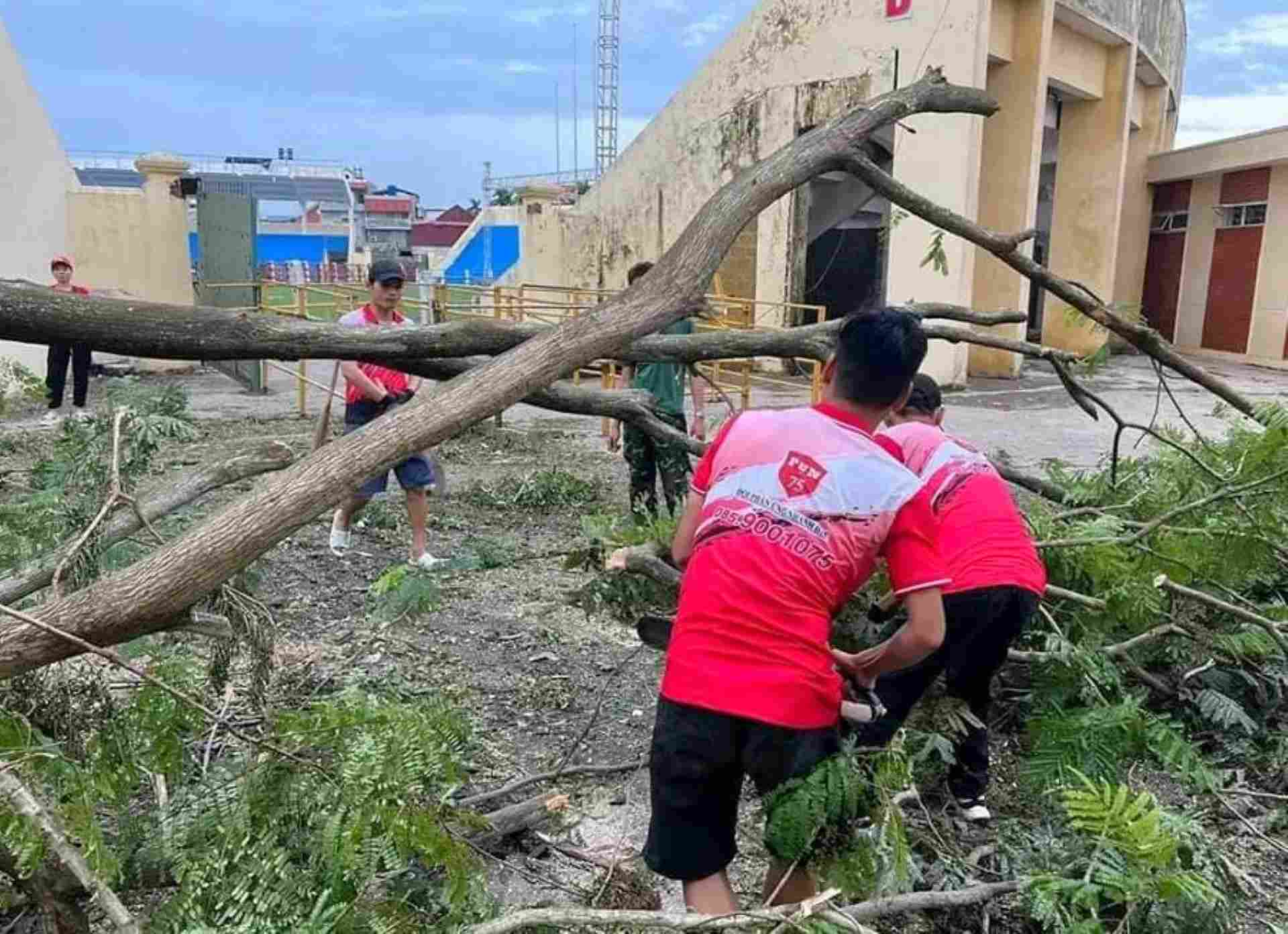 Đoàn tình nguyện viên 60 người của tỉnh Thừa Thiên Huế ra sức cưa cành đổ gãy, dọn dẹp các cây xanh bật gốc tại TP Hải Phòng. Ảnh: Anh Khoa.