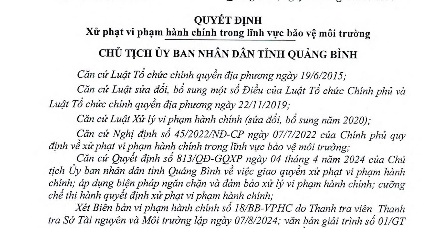 Quyết định xử phạt trại lợn vi phạm lĩnh vực bảo vệ môi trường. Ảnh: Công Sáng