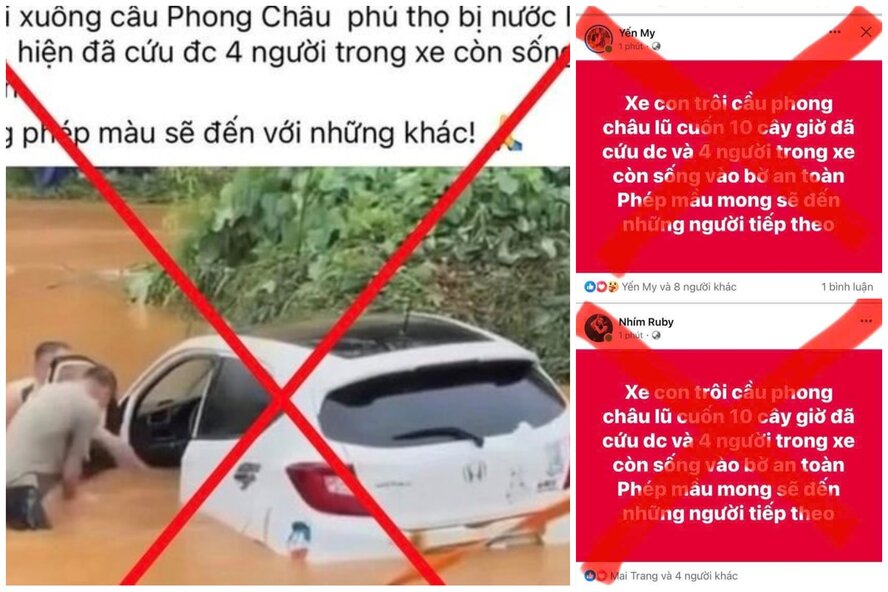 Các thông tin sai sự thật liên quan vụ việc sập cầu Phong Châu trên mạng xã hội. Ảnh: MXH 