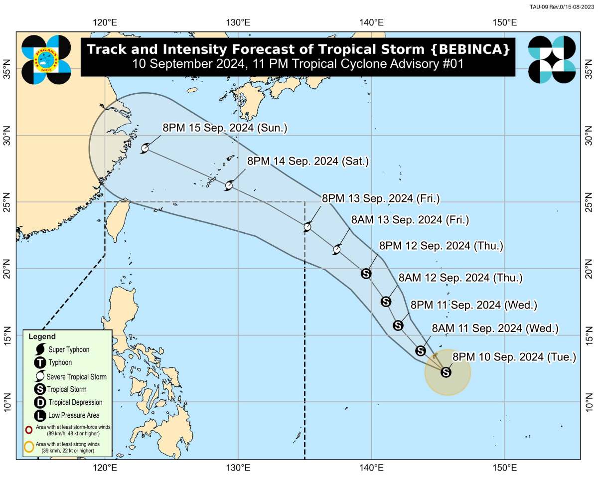 Du bao duong di cua bao Bebinca den ngay 15.9.2024. Anh: PAGASA