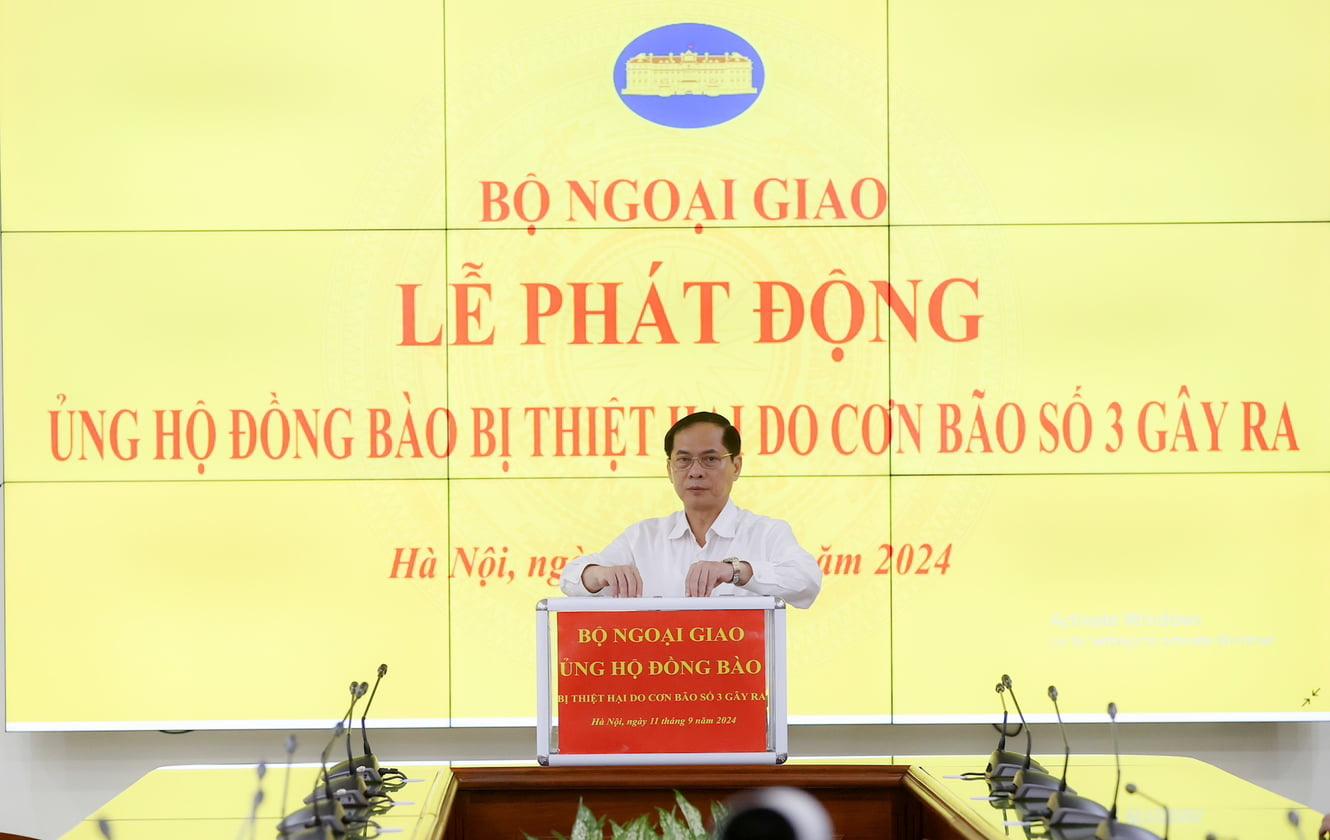 Phó Thủ tướng, Bộ trưởng Ngoại giao Bùi Thanh Sơn ủng hộ đồng bào bị thiệt hại do bão số 3. Ảnh: Hải Nguyễn