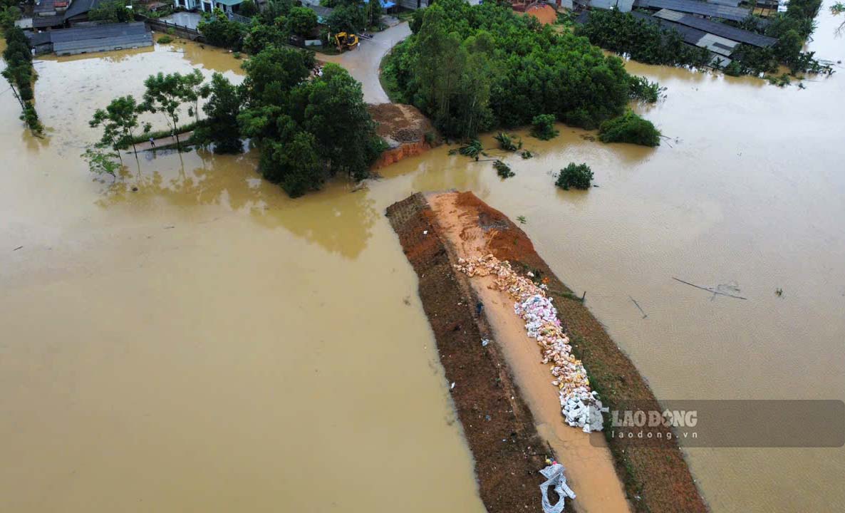 Hình ảnh vỡ đê sông Lô tại xã Quyết Thắng, huyện Sơn Dương, tỉnh Tuyên Quang khiến nhiều hộ dân chìm trong biển nước. Ảnh: Nguyễn Tùng