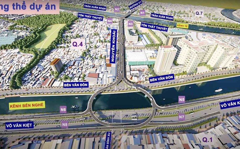 Phối cảnh cầu đường Nguyễn Khoái nối ba Quận 7, 4 và 1. Ảnh: Sở GTVT TPHCM