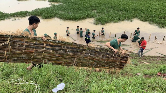 Các phên tre được đan chặt, ốp vào mái đê, hạn chế tình trạng sạt lở lan ra diện rộng. Ảnh: Đăng Khôi