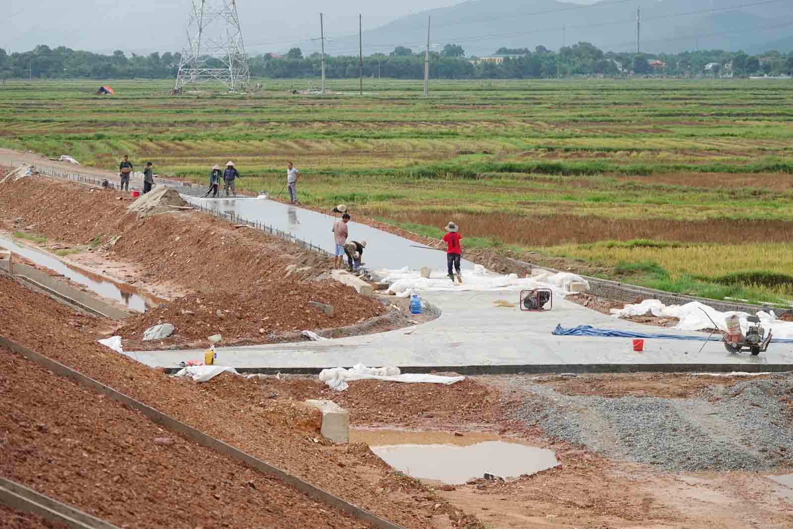 Nhóm công nhân đổ bê tông làm đường gom nối với cống chui dân sinh qua cao tốc để nông dân ra đồng canh tác thuận tiện. Ảnh: Trần Tuấn.