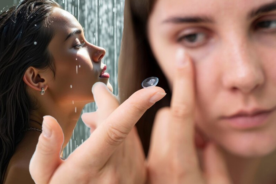 Nước có thể làm kính áp tròng của bạn bị sưng hoặc thay đổi hình dạng, gây hại cho mắt. Đồ hoạ: Thiện Nhân