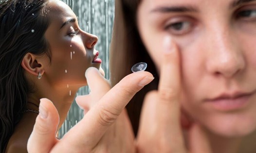 Nước có thể làm kính áp tròng của bạn bị sưng hoặc thay đổi hình dạng, gây hại cho mắt. Đồ hoạ: Thiện Nhân