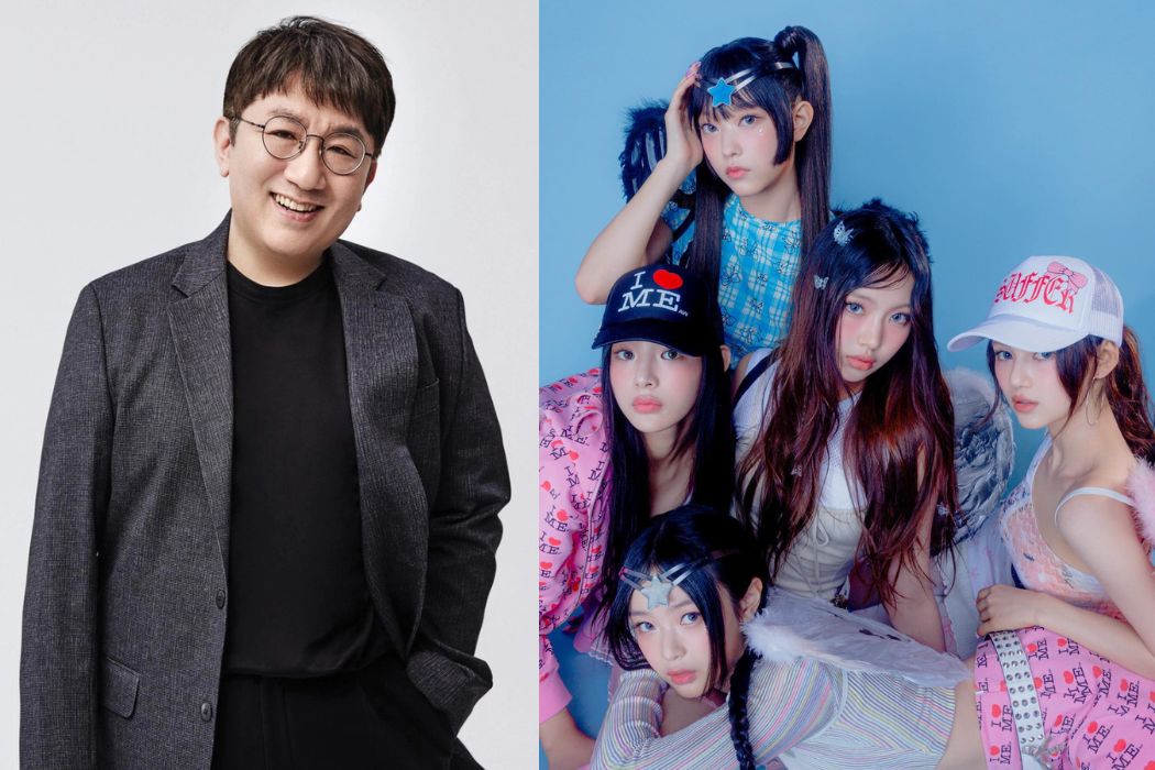 Chủ tịch HYBE Bang Si Hyuk và nhóm nhạc nữ NewJeans. Ảnh: Naver