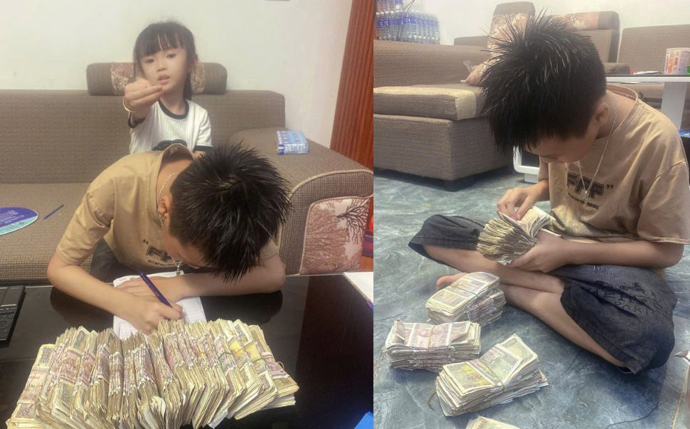 Em Trịnh Hồng Vinh - học sinh lớp 4 của một trường tiểu học ở phường Hoài Hương (thị xã Hoài Nhơn, Bình Định) đem hết số tiền dành dụm nhiều năm gửi tặng cho bà con vùng lũ. Ảnh: Hồng An