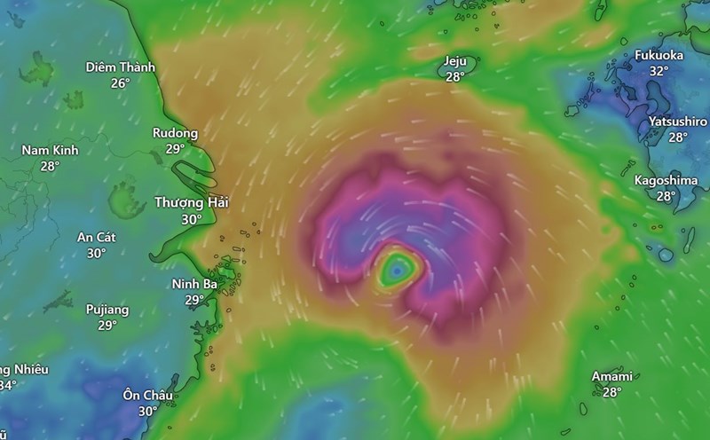 Tâm bão Bebinca áp sát Thượng Hải, Trung Quốc vào hồi 17h30 ngày 15.9.2024. Ảnh: Windy.com