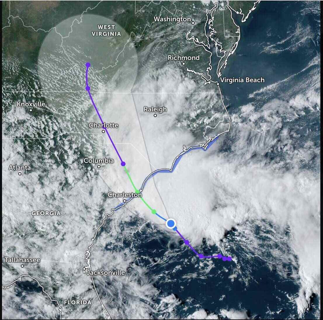 Đường đi dự kiến của áp thấp dự kiến mạnh lên thành bão Helene. Ảnh: Zoom Earth