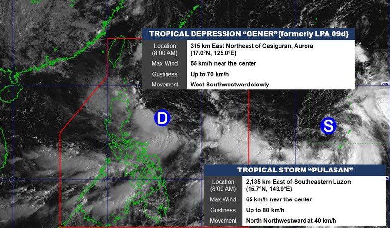 Vi tri ap thap nhiet doi Gener va bao Pelusan hoi 8h ngay 16.9.2024. Anh: PAGASA