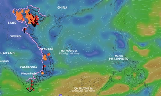 Dải hội tụ nhiệt đới nối với áp thấp nhiệt đới đang gây mưa dông gió mạnh trên biển. Trên đây là hình ảnh lớp hướng gió trên biển cập nhật hồi 10 giờ ngày 16.9. Ảnh: Hệ thống giám sát thiên tai Việt Nam