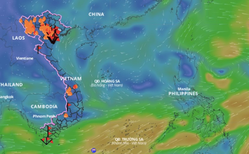 Dải hội tụ nhiệt đới nối với áp thấp nhiệt đới đang gây mưa dông gió mạnh trên biển. Trên đây là hình ảnh lớp hướng gió trên biển cập nhật hồi 10 giờ ngày 16.9. Ảnh: Hệ thống giám sát thiên tai Việt Nam