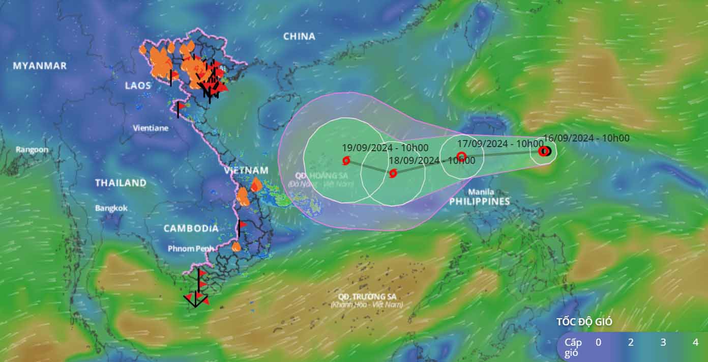 Cap nhat va du bao vi tri ap thap nhiet doi hinh thanh gan Bien Dong. Nguon: He thong giam sat thien tai Viet Nam.