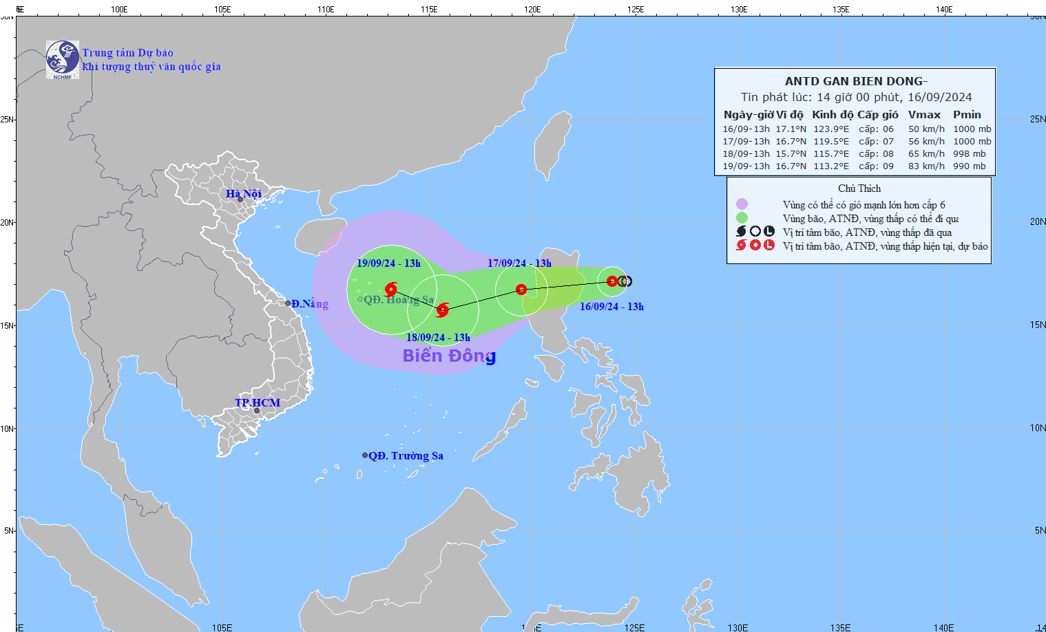 Cap nhat vi tri va duong di cua ap thap nhiet doi hoi 14 gio ngay 16.9. Anh: Trung tam Du bao Khi tuong Thuy van Quoc gia