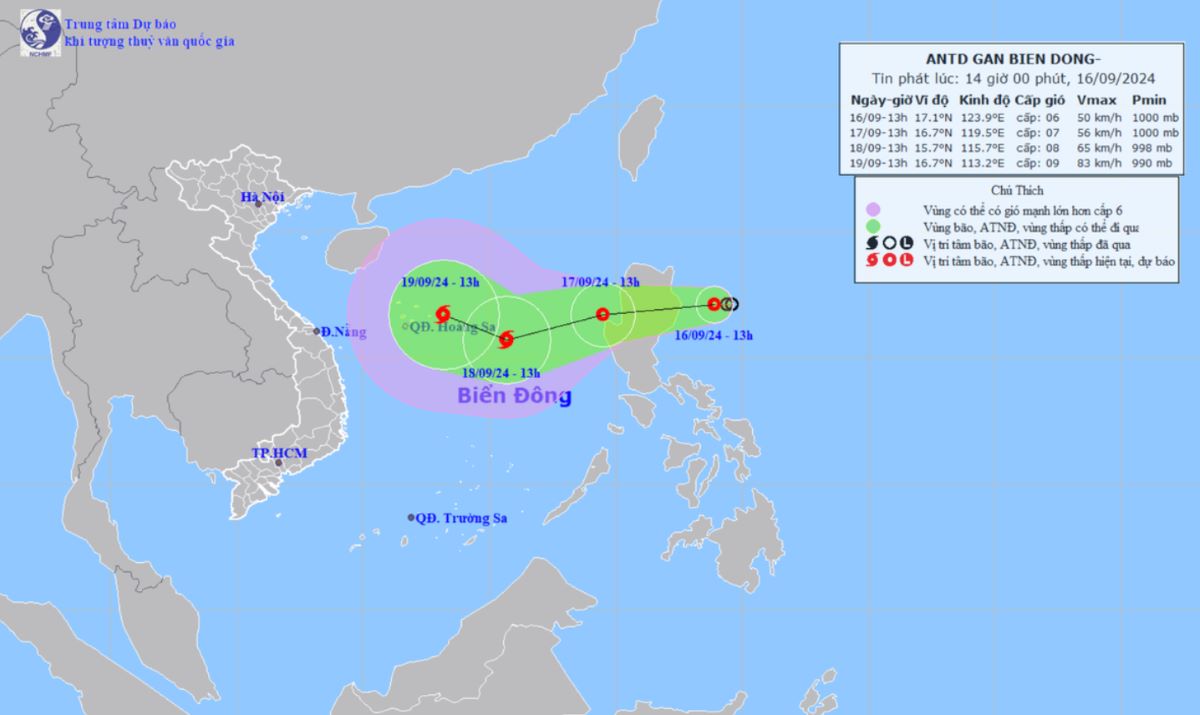 Theo du bao cua Trung tam Khi tuong thuy van quoc gia, tu sang ngay 17-9, vung bien phia Dong cua khu vuc Bac Bien Dong co mua rao va dong manh, gio manh cap 7, giat cap 9, bien dong. Anh: Trung tam Du bao Khi tuong Thuy van Quoc gia Viet Nam