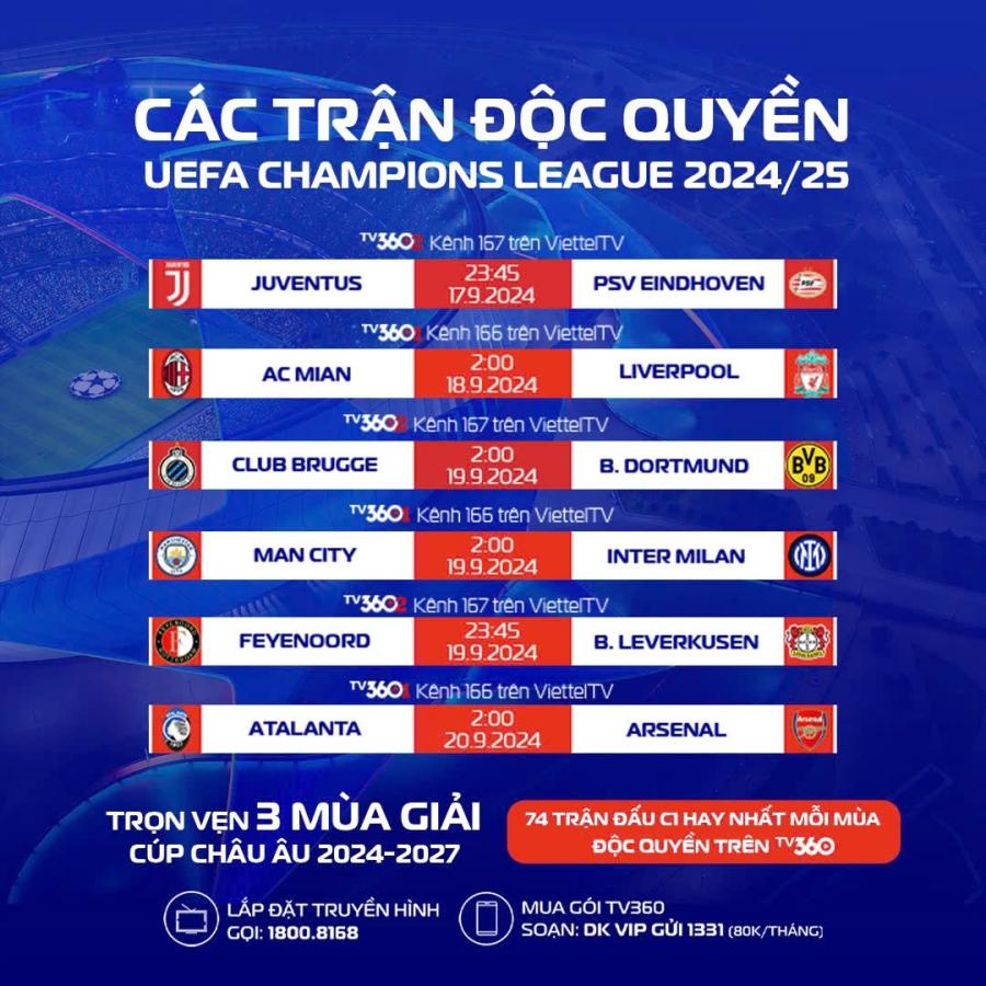 Các trận độc quyền lượt trận 1 Champions League 2024-2025. 