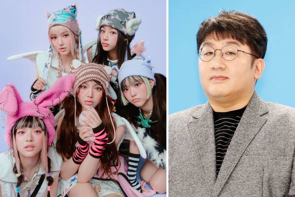 Nhóm nhạc nữ NewJeans và Chủ tịch HYBE Bang Si Hyuk. Ảnh: Naver