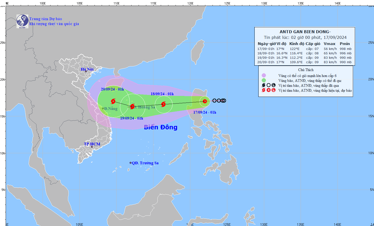 Vi tri tam ap thap nhiet doi vao hoi. Anh: Trung tam Du bao khi tuong thuy van quoc gia Viet Nam