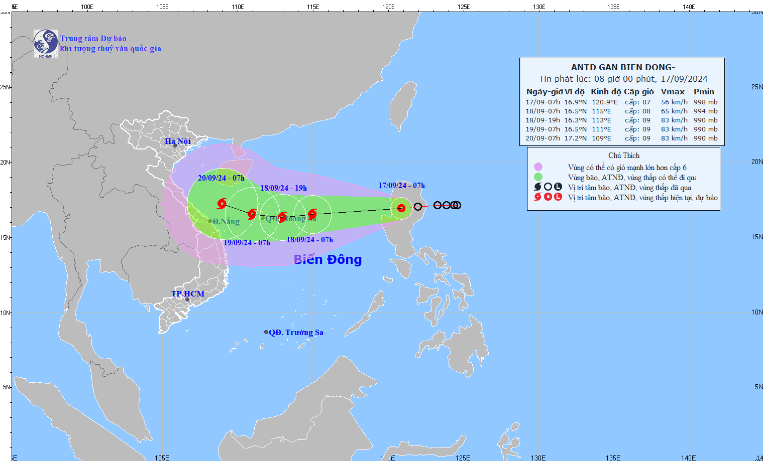 Du bao duong di va dien bien ap thap sap manh len thanh bao tren Bien Dong. Anh: Trung tam Du bao Khi tuong Thuy van Quoc gia