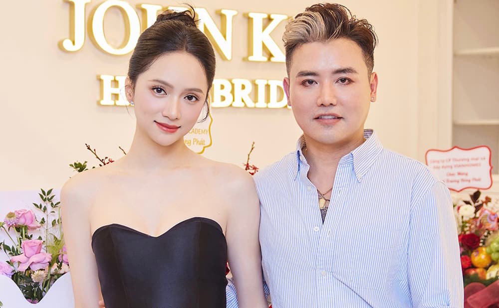 Hoa hậu Hương Giang đến chúc mừng người anh thân thiết John Kim. Ảnh: NVCC