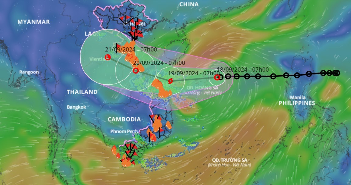 Cap nhat va du bao vi tri ap thap nhiet doi hinh thanh gan Bien Dong. Nguon: He thong giam sat thien tai Viet Nam. 