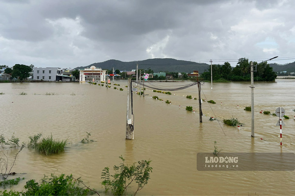 Xã Phước Nghĩa (huyện Tuy Phước, Bình Định) bị nước lũ bủa vây (chụp ngày 17.11.2023). Ảnh: Hoài Luân