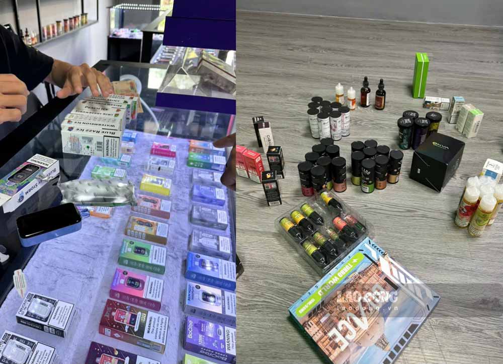 Các mặt hàng thuốc lá điện tử trưng bày ở cửa hàng. Ảnh: Công an cung cấp
 
