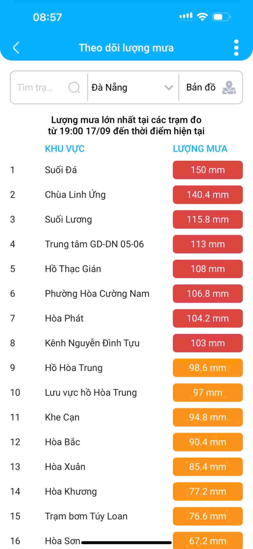 Ban do phan bo luong mua tai Da Nang sang 18.9. Anh: So TTTT cung cap