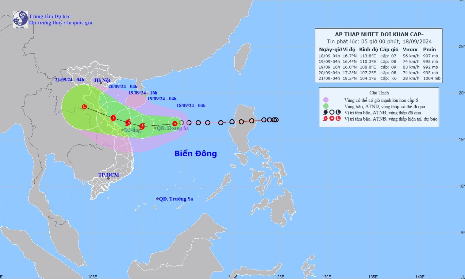 Ap thap nhiet doi co kha nang manh len thanh bao trong 24 gio toi. Anh: Trung tam Du bao khi tuong thuy van quoc gia