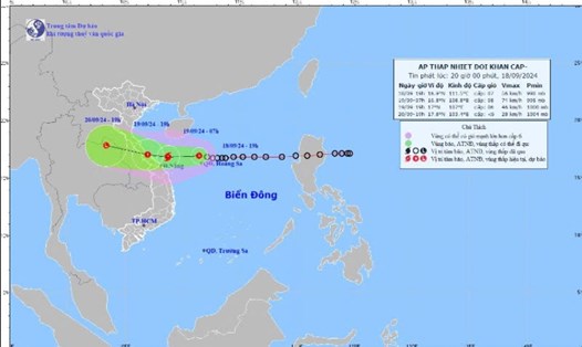 Dự báo vị trí và hướng di chuyển của áp thấp nhiệt đới mạnh lên thành bão số 4. Ảnh: Trung tâm Dự báo khí tượng thủy văn quốc gia
