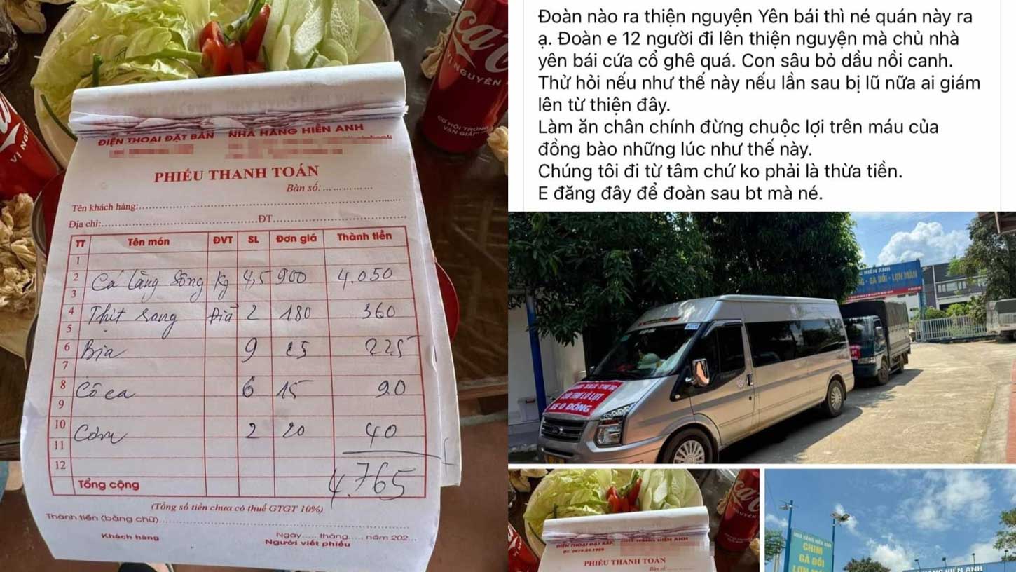 Quán cơm tại TP Yên Bái bị tố chặt chém đoàn thiện nguyện. Ảnh: Facebook Giang Trần.