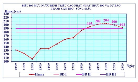 Biểu đồ mực nước đỉnh triều. Ảnh: Đài Khí tượng thủy văn TP Cần Thơ