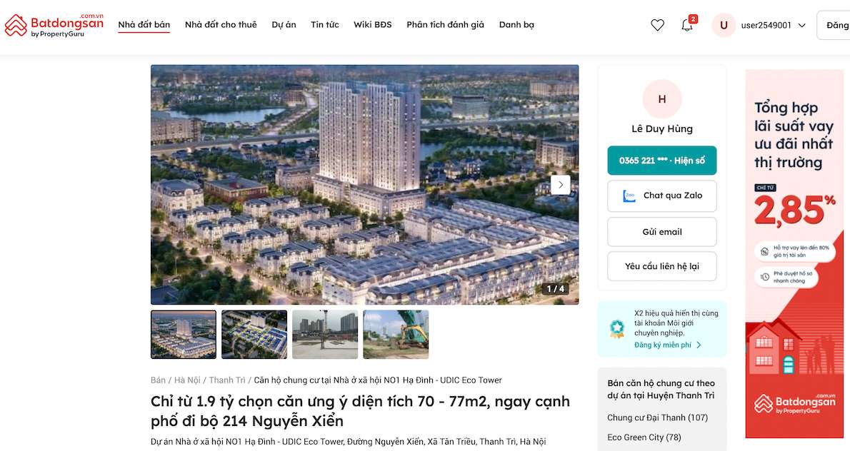 Nha o xa hoi NO1 Ha Dinh - UDIC Eco Tower duoc rao ban tran lan tren cac website bat dong san. Anh chup man hinh.