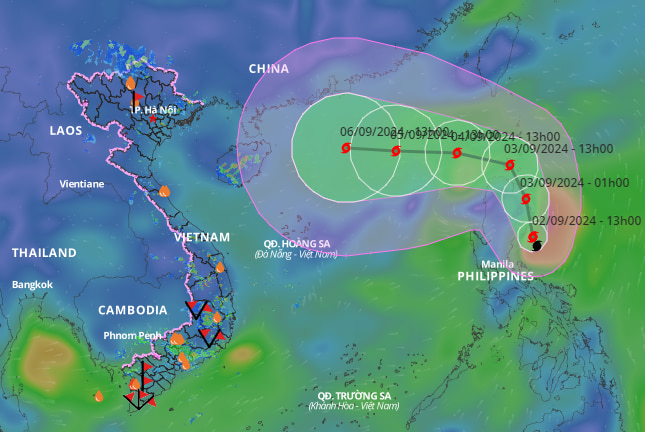 Cập nhật hồi 15 giờ ngày 2.9 vị trí và đường đi bão Yagi đang hoạt động gần Biển Đông. Ảnh: Hệ thống giám sát thiên tai Việt Nam