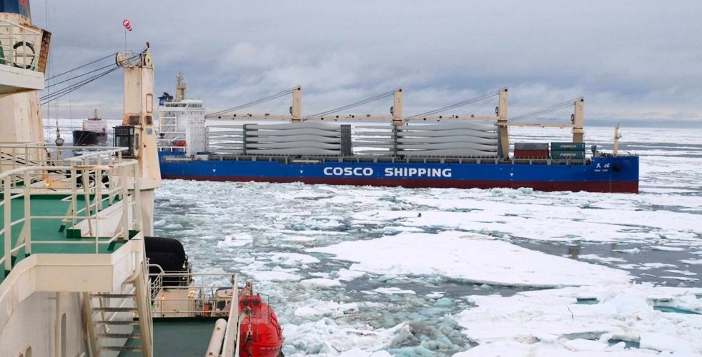 Icebreaker escorts cargo ship along Northern Sea Route. Photo: Rosatom