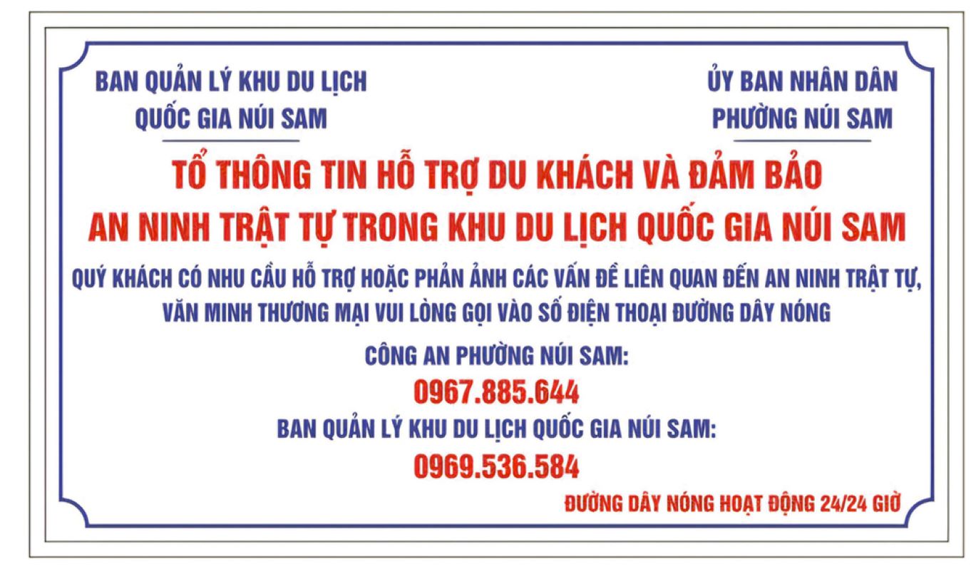Hotline numbers of 2 Tourist Information Support Teams at 3 National Monuments in Sam Mountain area: Tay An Pagoda; Ba Chua Xu Temple of Sam Mountain; Thoai Ngoc Hau Tomb