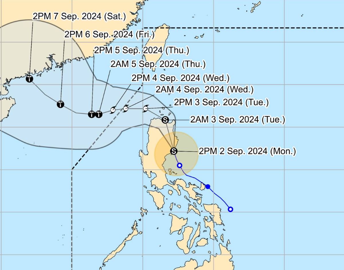 Dự báo đường đi của bão Yagi từ 2h chiều 2.9 đến. Ảnh: PAGASA